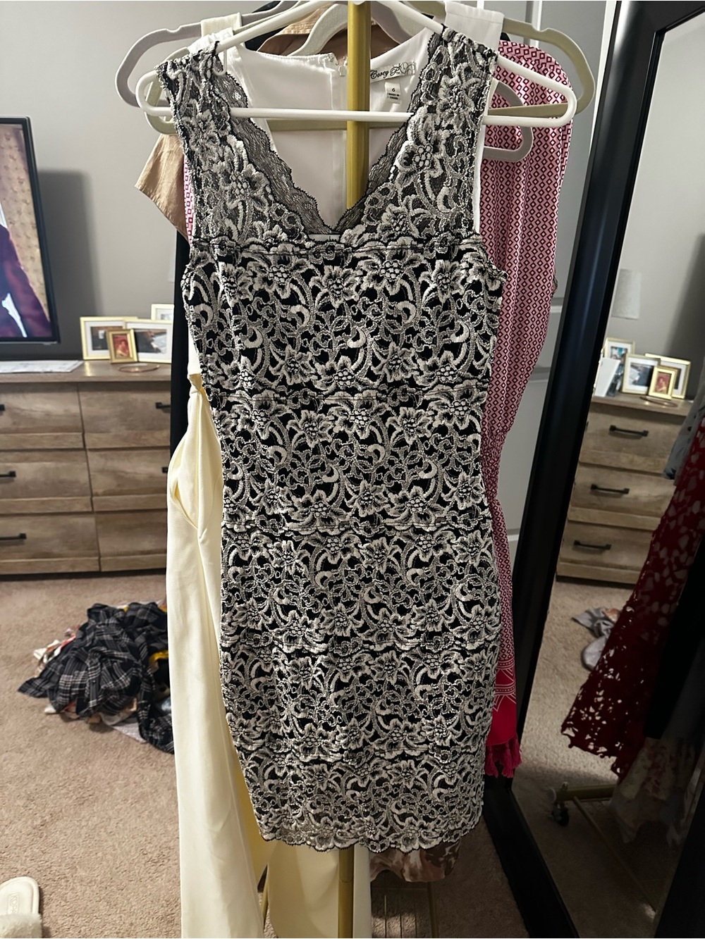 White House Black Market Black and White Lace V-Neck Mini Dress